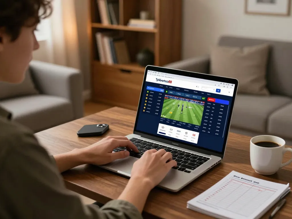 Betting strategies being analyzed on Tylekeonhacai88's sports betting platform in a cozy home setup.