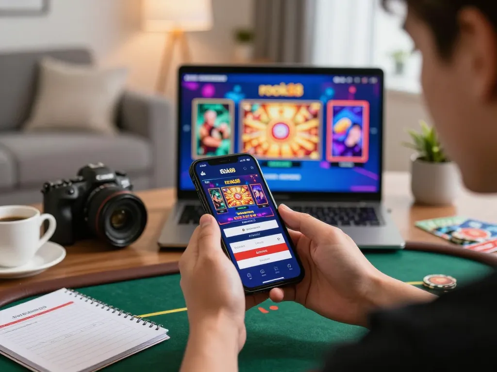 Engaged player using smartphone for rokok88 login in cozy home setting with strategies