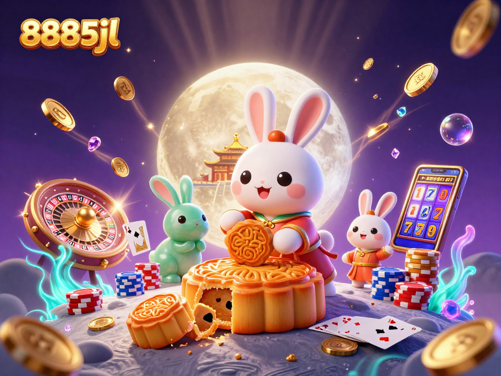 Experience the vibrant world of 8885jl casino, where playful moon rabbits reveal treasures like poker chips.