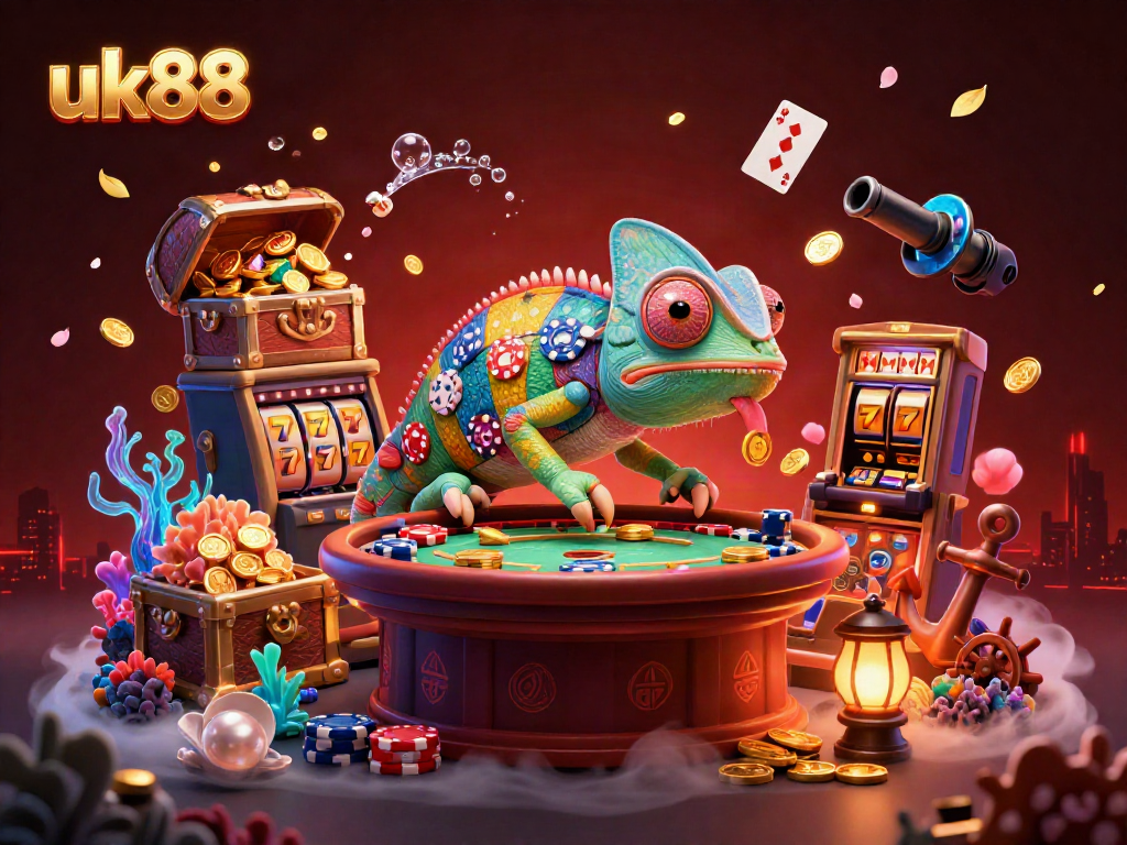 Experience thrilling gaming action at uk88 with a vibrant casino scene featuring a chameleon owner and dynamic slot elements.
