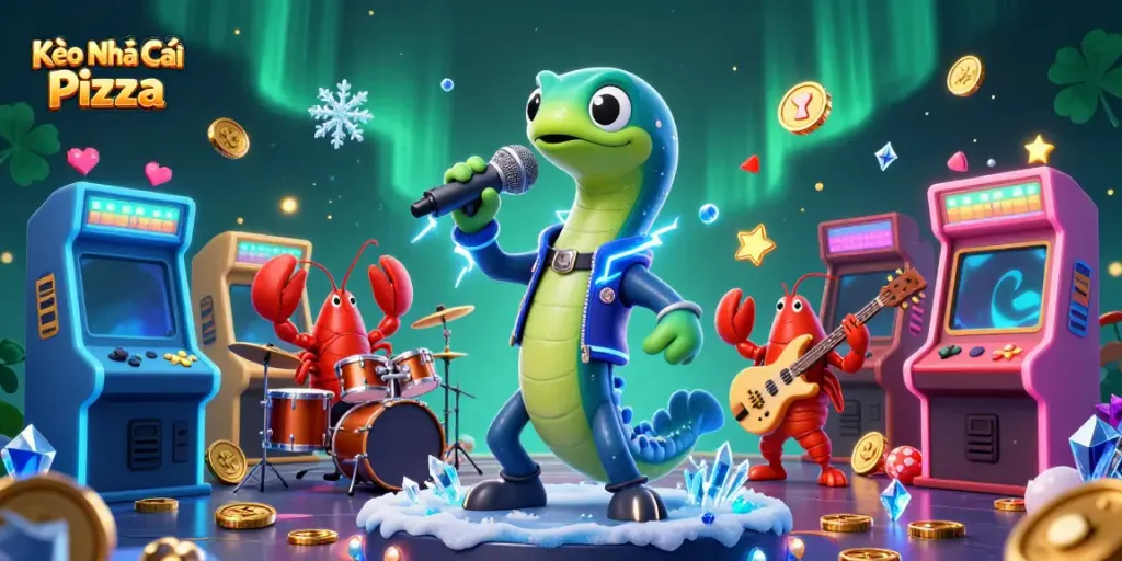 Engaging Kèo Nhà Cái Pizza scene with an electric eel DJ and vibrant gaming elements.