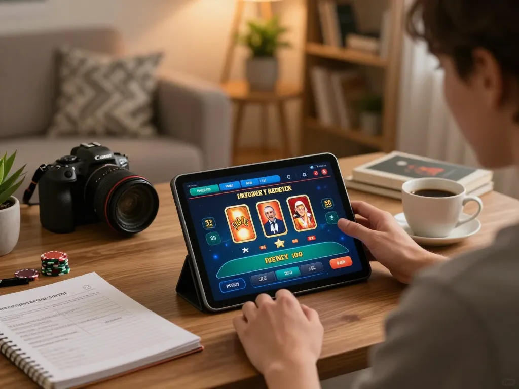 Engaging with LLwin online poker game on a tablet, surrounded by strategy notes and a warm setting.