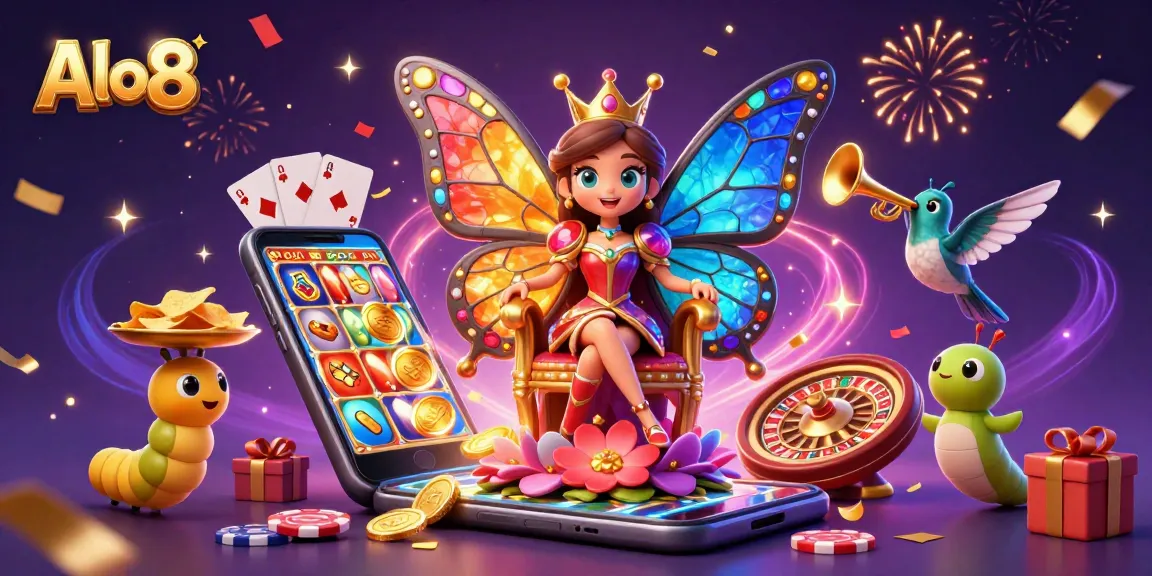 Alo8 showcases a vibrant 3D scene with a butterfly queen and casino elements like slot games and poker chips.