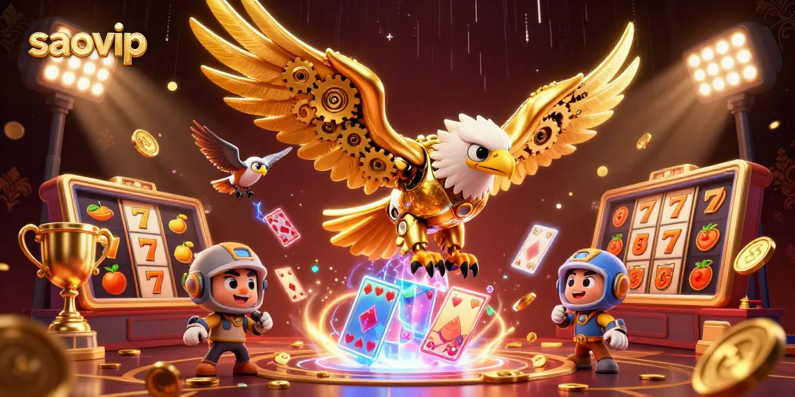 Engaging 3D illustration of saovip showcasing a cybernetic eagle in a vibrant casino environment.