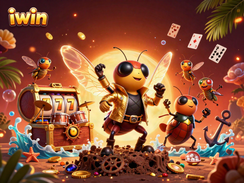 iwin showcases a vibrant 3D casino illustration with animated characters and slot symbols.