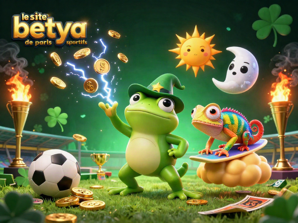 Place bets at le site betya de paris sportifs surrounded by vibrant sports-themed magical entities and golden coins.