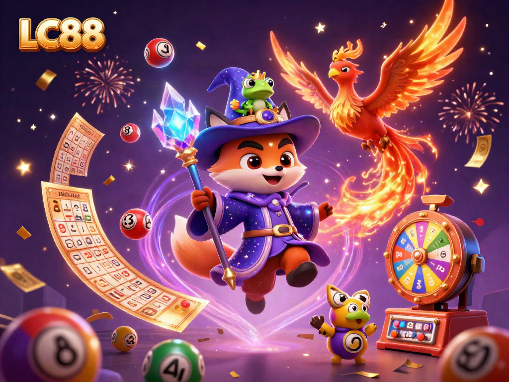 Experience winning moments with LC88 in a vibrant casino-themed illustration featuring magical creatures.