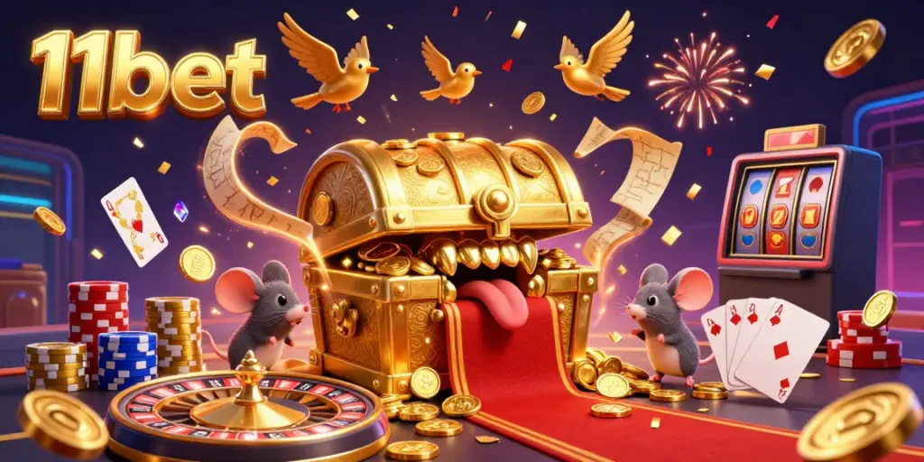 Experience thrilling games with 11bet as treasure chests and golden coins create a vibrant casino atmosphere.