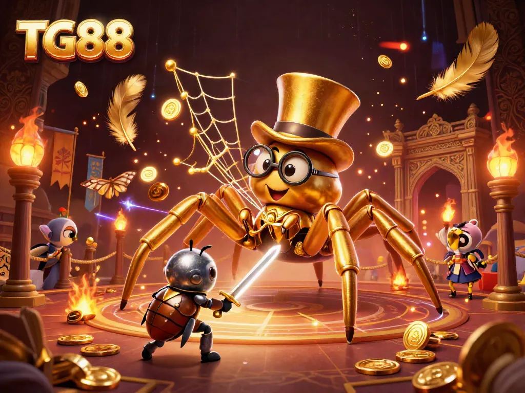Experience the thrilling world of TG88 with a golden tarantula and knight in a dynamic casino scene.