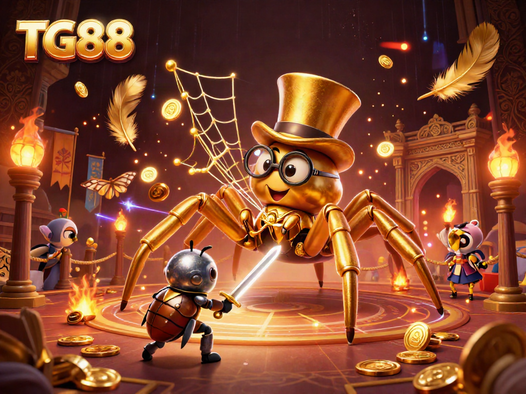 Experience the thrilling world of TG88 with a golden tarantula and knight in a dynamic casino scene.
