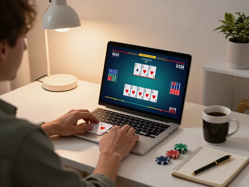 Person playing O8 poker online with live dealer, cozy home setup and strategic atmosphere