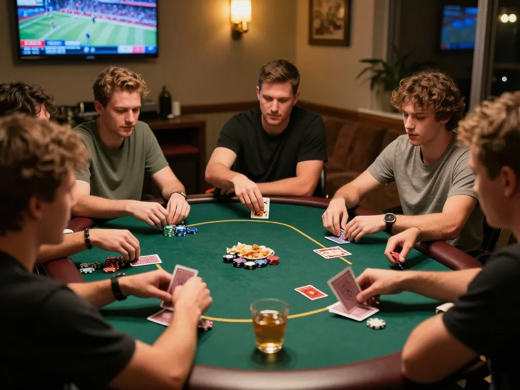 Friends enjoying an engaging poker game at home, showcasing nk88 excitement and strategic gameplay.