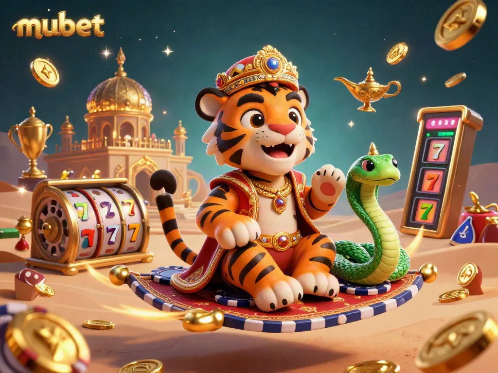 Experience the excitement of mubet with a vibrant 3D casino scene featuring a magical tiger sultan and slot machines.