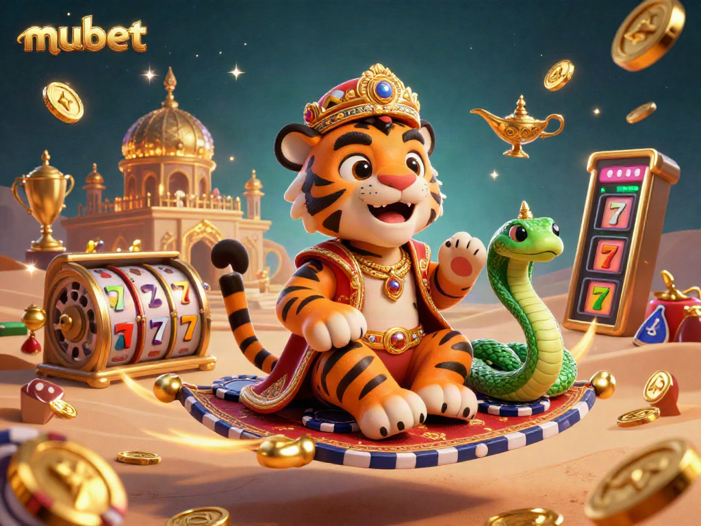 Experience the excitement of mubet with a vibrant 3D casino scene featuring a magical tiger sultan and slot machines.