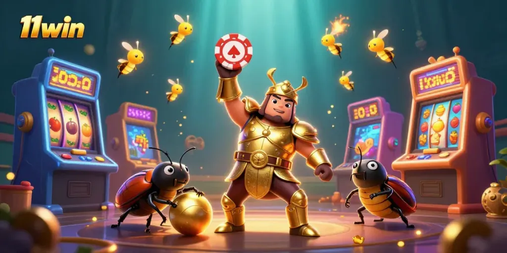 Engaging scene with 11win's unique characters highlighting a jackpot win in colorful slot machines