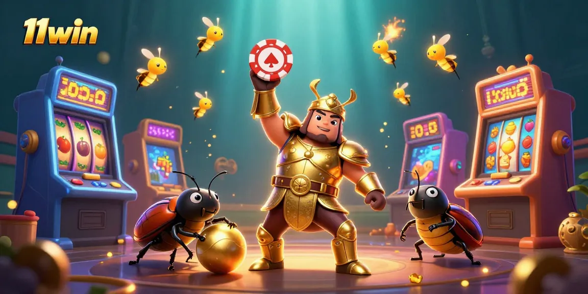 Engaging scene with 11win's unique characters highlighting a jackpot win in colorful slot machines