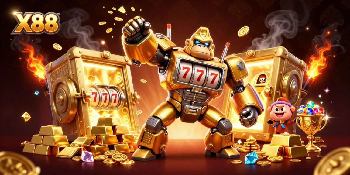 X88 gaming adventure with a golden gorilla mech and coins exploding in a vibrant casino scene
