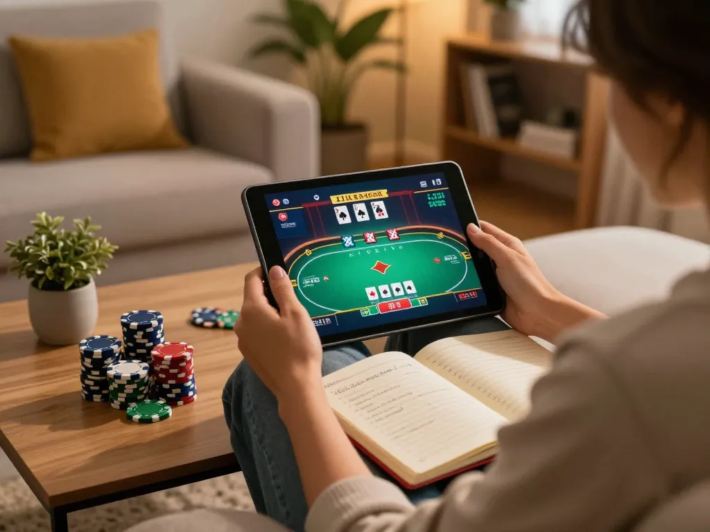 Person gaming on tablet in cozy living room, showcasing nhacaiuytinn online poker game.