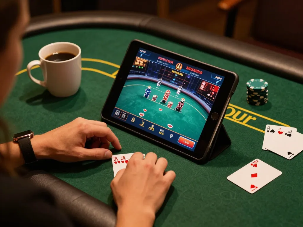 Engaging in poker on a tablet while enjoying the TG88 online gaming experience in a cozy setup