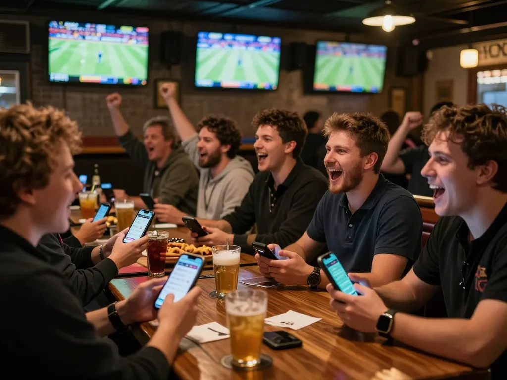 Sports fans engaging in live betting action through 78wingo on smartphones, showcasing excitement at a crowded bar.
