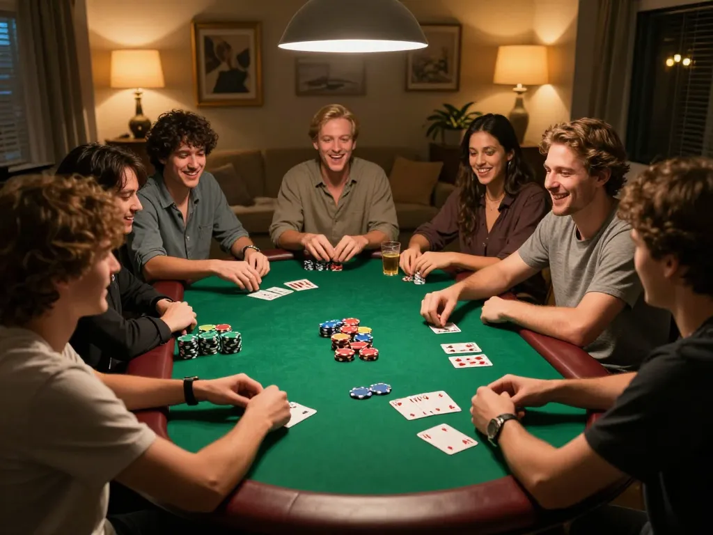 Engaged players enjoying a social game night at home with poker around Trang chủ MM88 mới nhất, showcasing excitement and strategy.