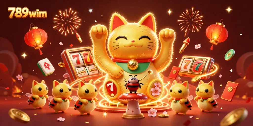 Experience the vibrant world of 789wim with a lucky cat made of fireflies celebrating casino games.