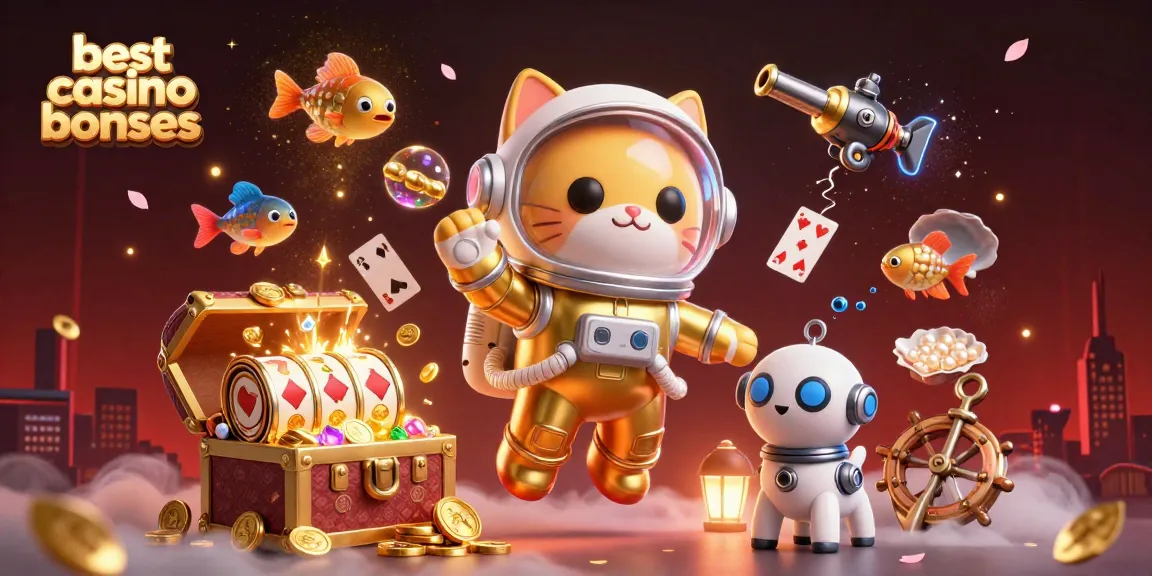 Experience the best casino bonuses with a vibrant 3D illustration featuring a space astronaut cat, a robot dog, and sparkling game elements.