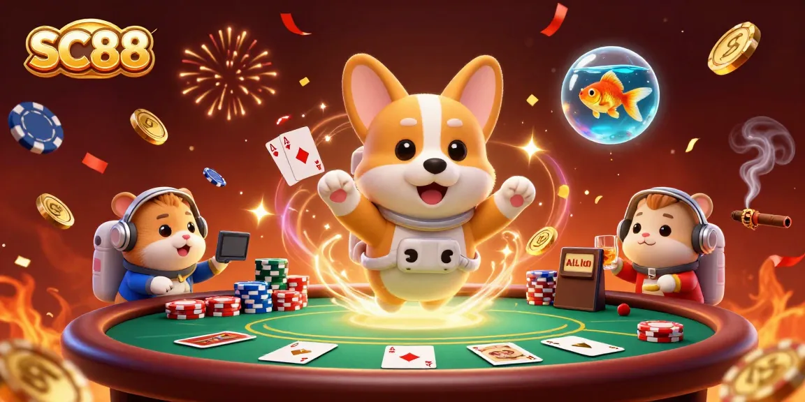 SC88 casino scene with astronaut corgi, poker chips, and colorful confetti in space.