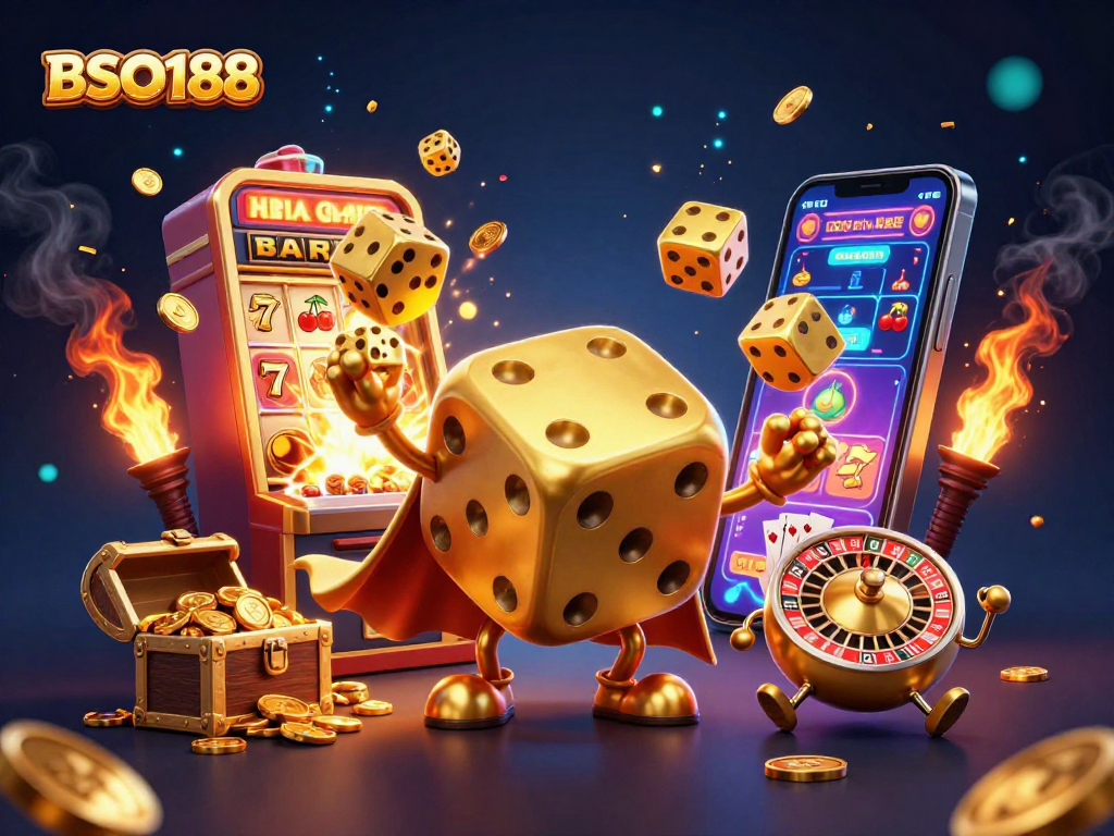 Experience BSO188 excitement with lively characters and dynamic casino elements in a vivid 3D illustration.