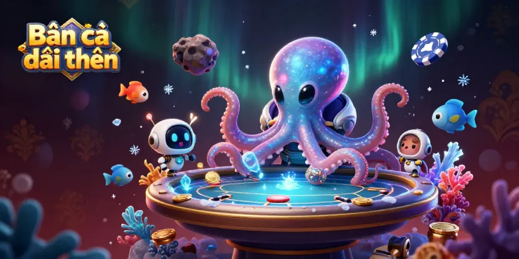 Engage in the excitement of Bắn cá đổi thưởng with colorful sea creatures and an alien octopus at a holographic gaming table