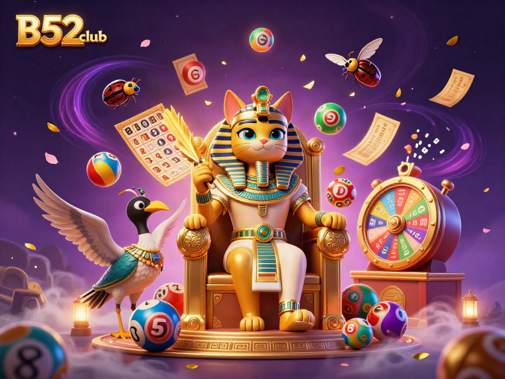Engage in thrilling games at B52club with vibrant lottery elements and a mystical pharaoh setting.