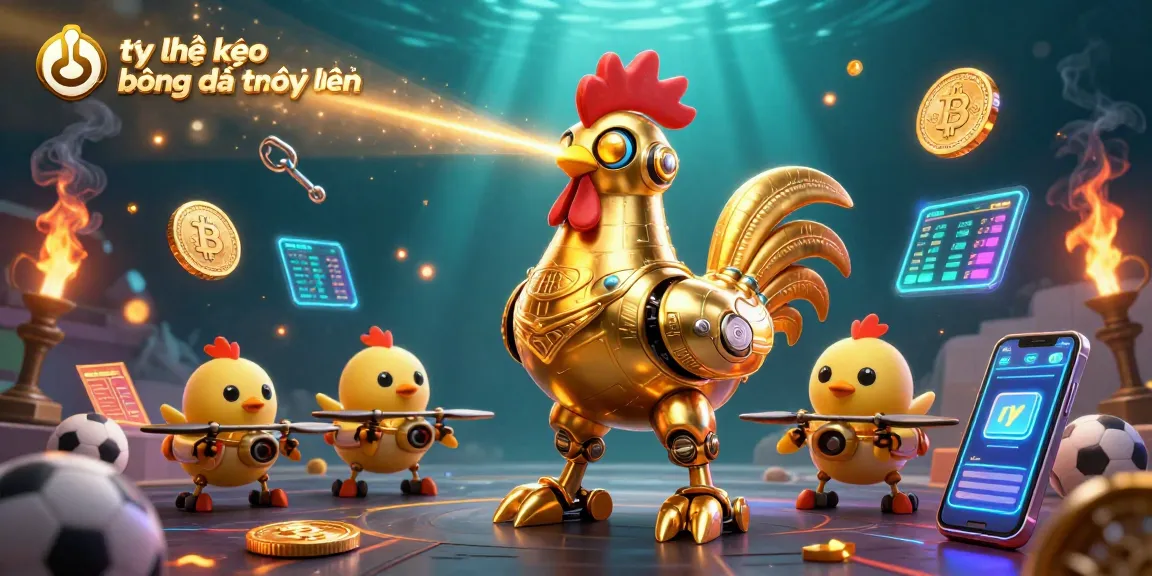 Tỷ lệ kèo bóng đá trực tuyến được thể hiện qua một hình ảnh 3D sôi động với những biểu tượng thể thao và các đồng tiền mã hóa hiện đại.