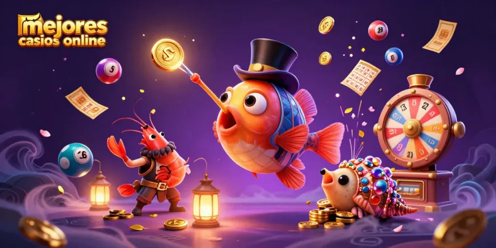 Ilustración de los mejores casinos online con criaturas marinas y elementos de juego en un entorno vibrante.
