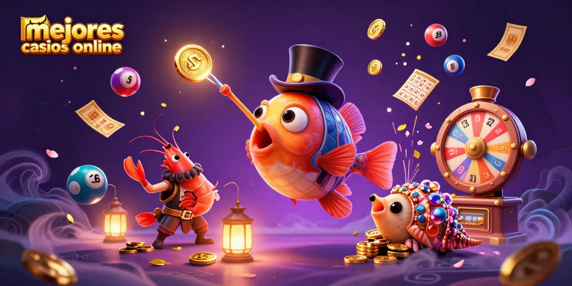 Ilustración de los mejores casinos online con criaturas marinas y elementos de juego en un entorno vibrante.