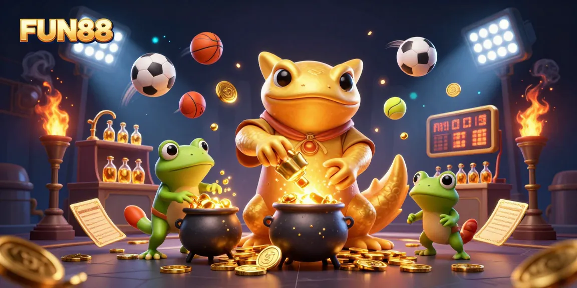 Experience FUN88 with a vibrant 3D illustration of an alchemist turning metals into gold amidst dynamic sports elements.