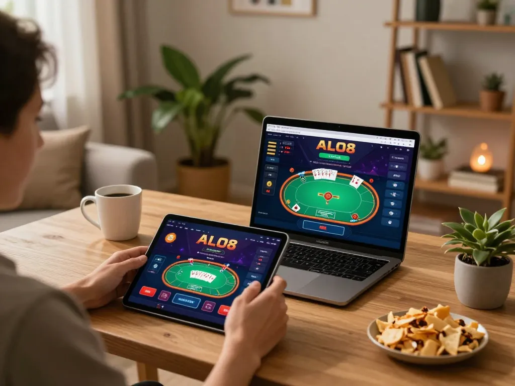 Engaging with ALO8 casino app on tablet in a cozy home gaming setup