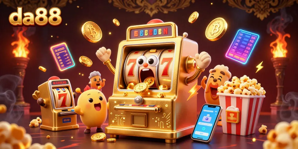 Experience the excitement of da88 as a golden slot machine hits a jackpot surrounded by cheering baby slots and crypto elements.