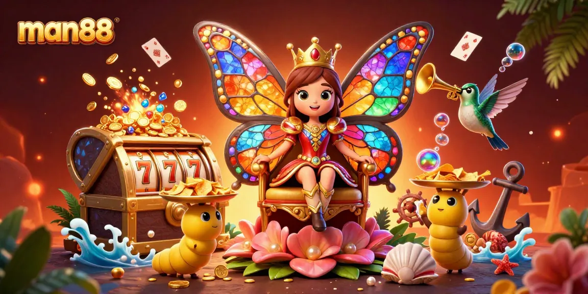 Spin the man88 slots with a vibrant butterfly queen and treasure-filled scene.