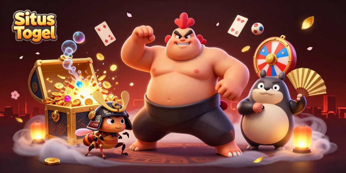 Situs Togel showcases a dynamic scene with a powerful sumo rooster, fierce samurai cricket, and tanuki announcer amidst colorful game elements.
