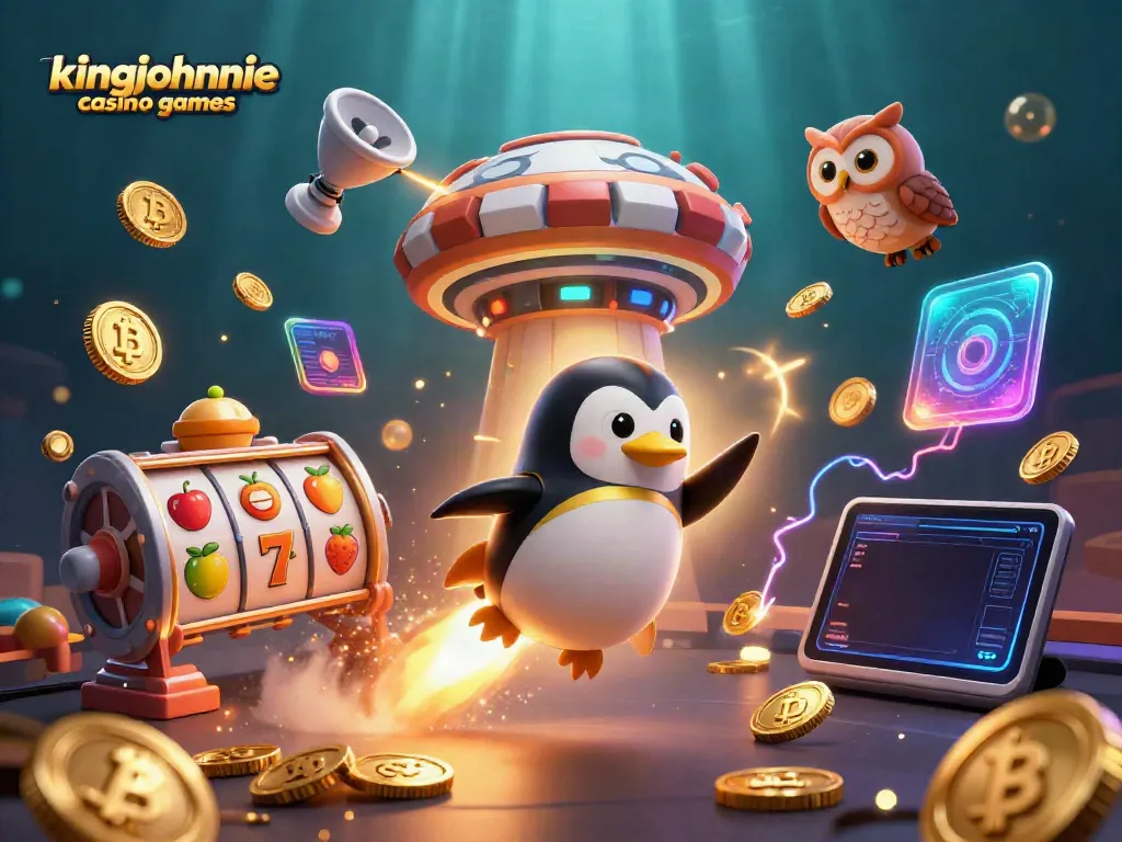 Experience kingjohnnie casino games through a vibrant 3D scene with a penguin, slot elements, and crypto coins.