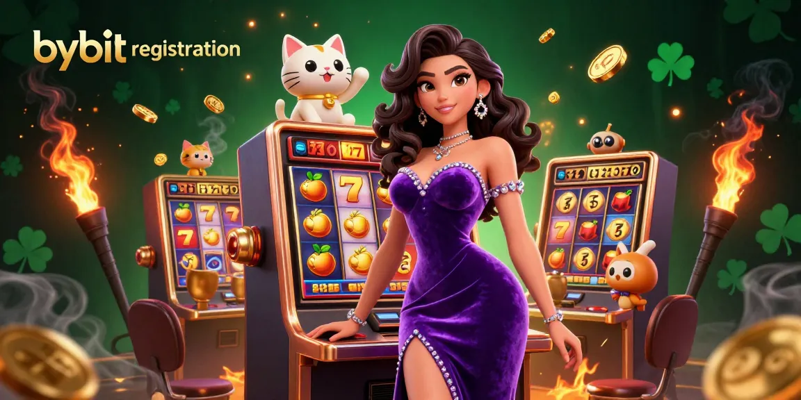 Engage in bybit registration with a glamorous theme featuring a woman, jackpot, and a fortune cat.