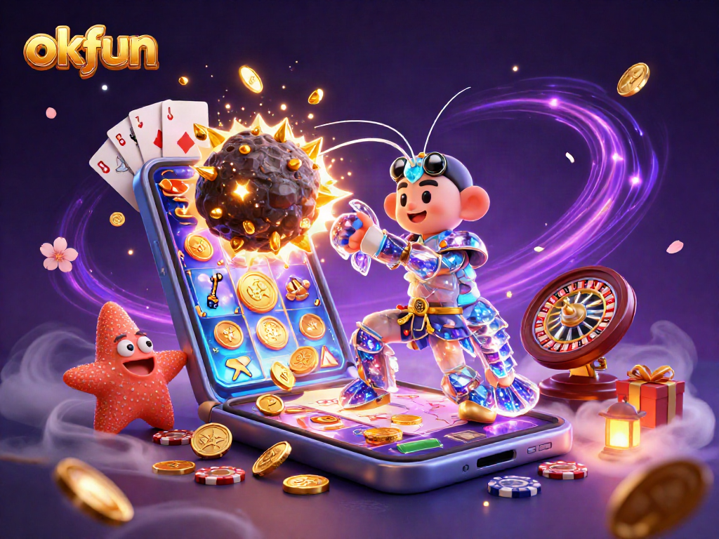 Spin to win with okfun as the mantis shrimp punches through gems and coins in a vibrant casino scene!