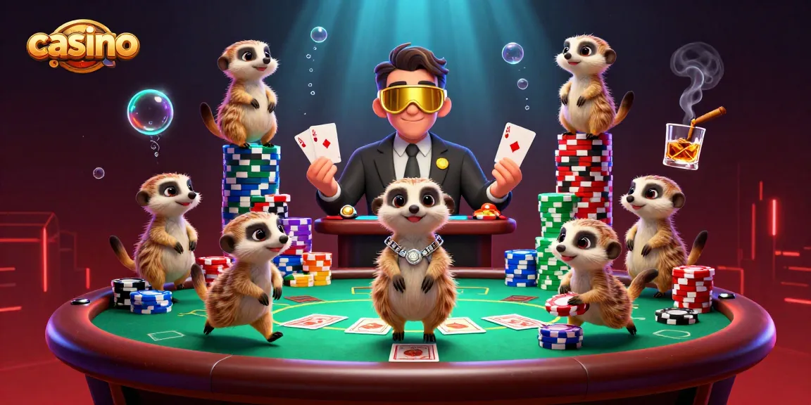Meerkats running a vibrant casino operation, showcasing poker strategies and chips.