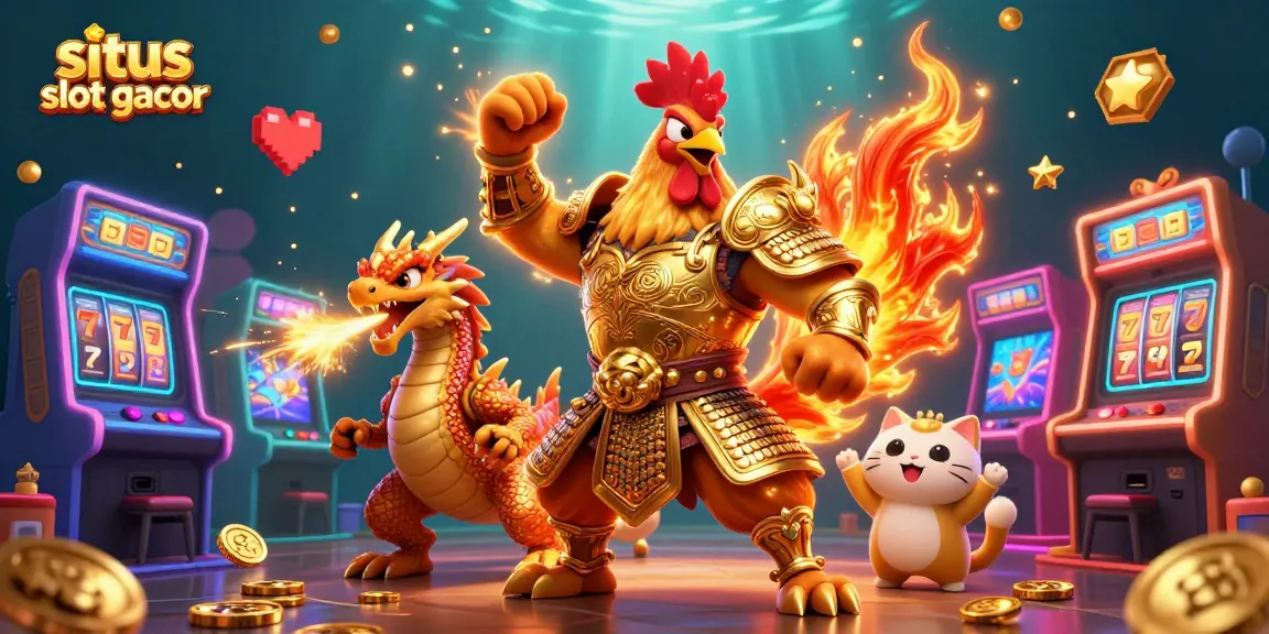 Engage with the situs slot gacor featuring a colorful 3D slot machine scene with dynamic characters and gaming elements.
