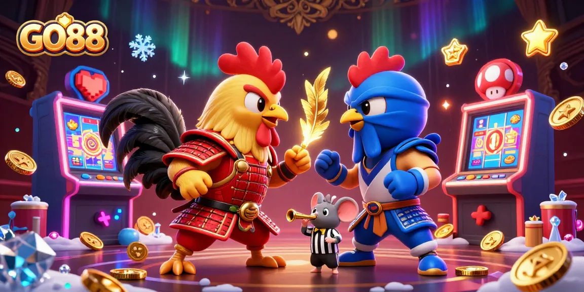 Engage in exciting GO88 casino action with a standoff of roosters in a vibrant gambling scene.