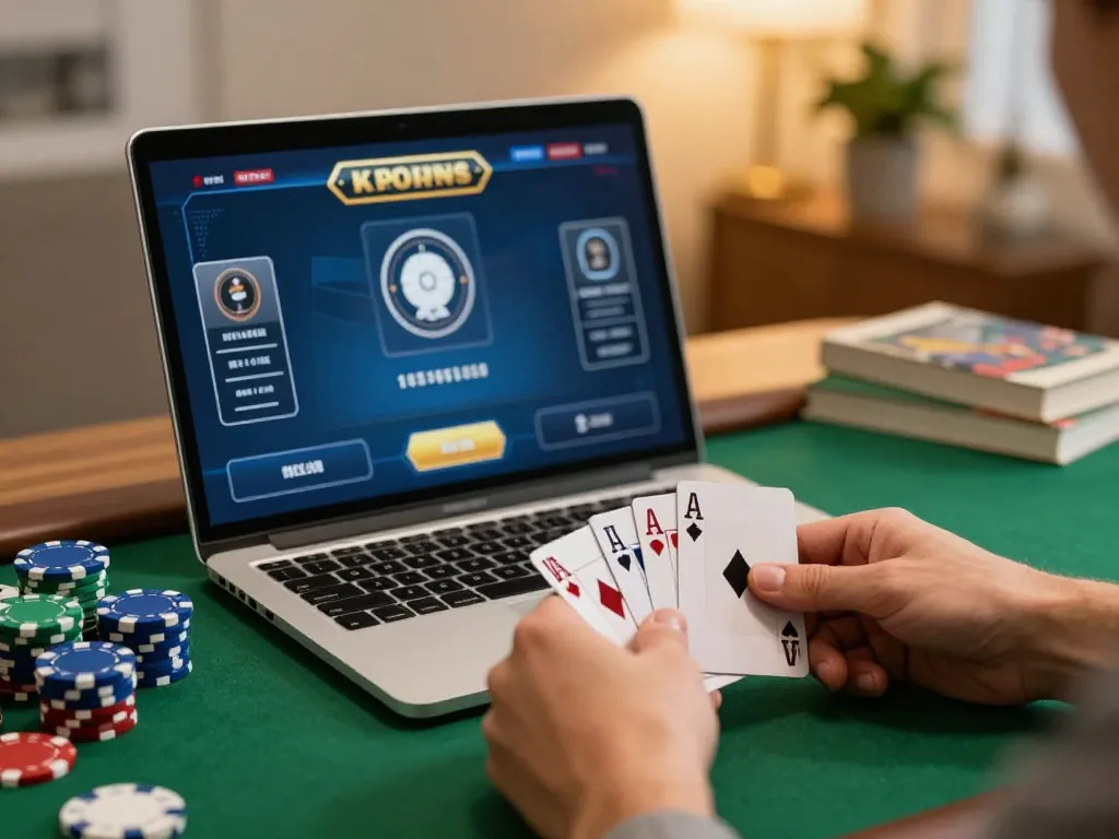 Player engages in an online poker game on sunwin platform, showcasing strategic gameplay and cozy home atmosphere.