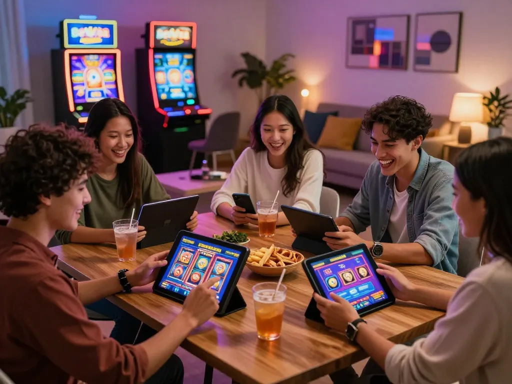 Friends enjoying BetVisa Slot games together in a lively home setting.