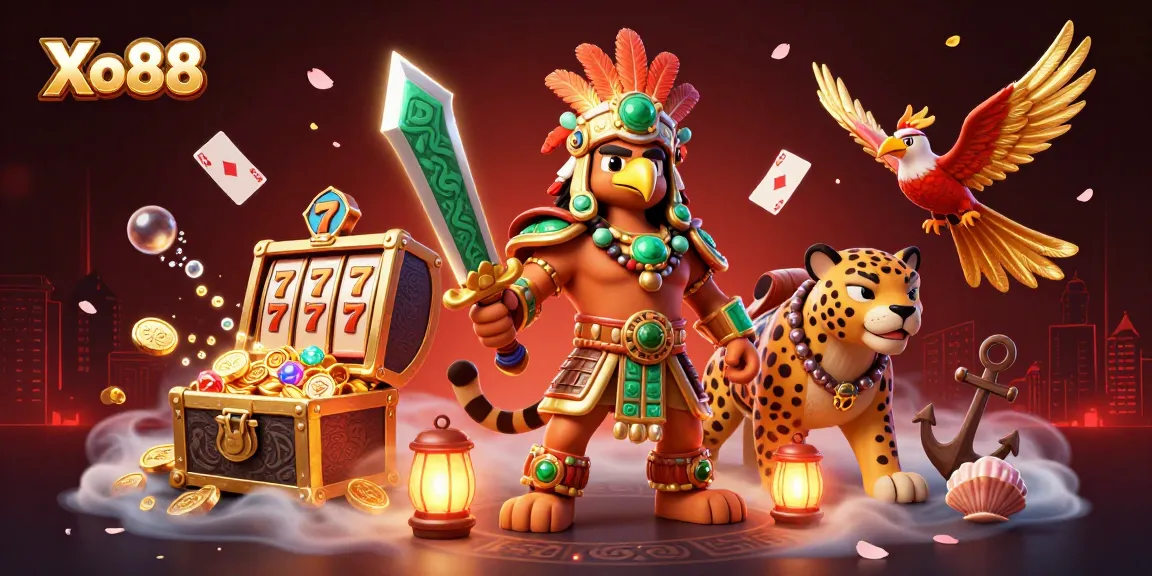 Xo88 features a vibrant 3D illustration of Aztec warriors and slots, capturing excitement in the casino.