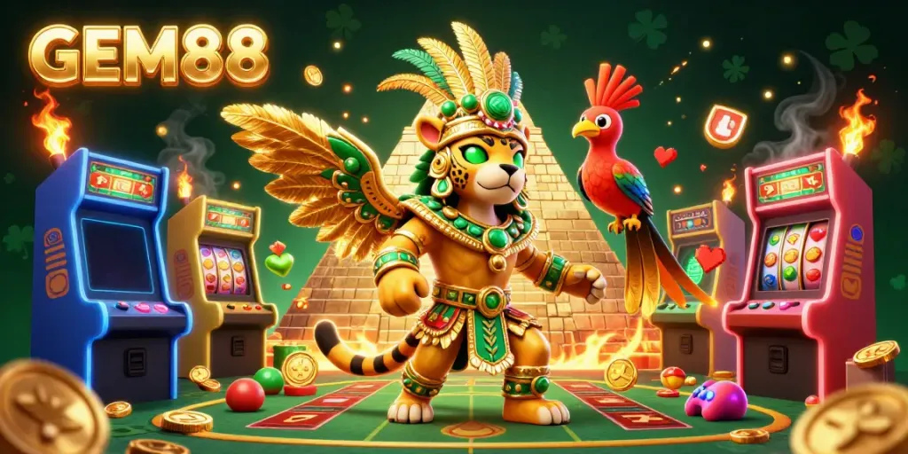 Experience GEM88's exciting online casino atmosphere with vibrant characters and dynamic gaming elements.