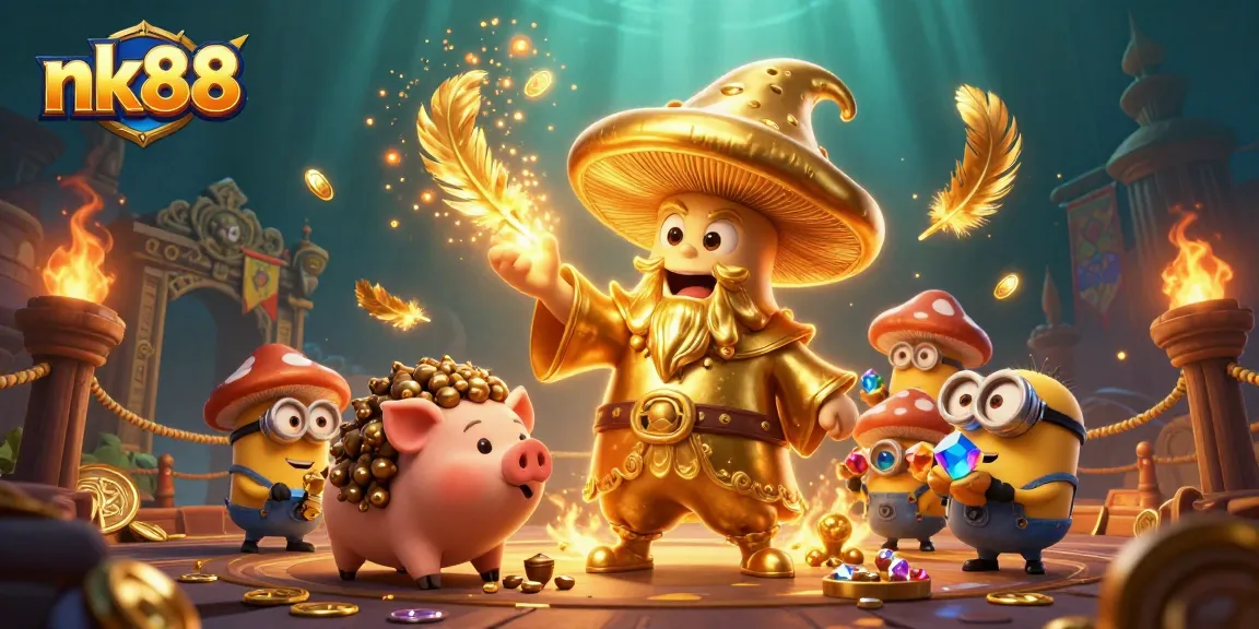 Experience thrilling gameplay at nk88 with a golden wizard and treasure-seeking pig in a vibrant casino scene.